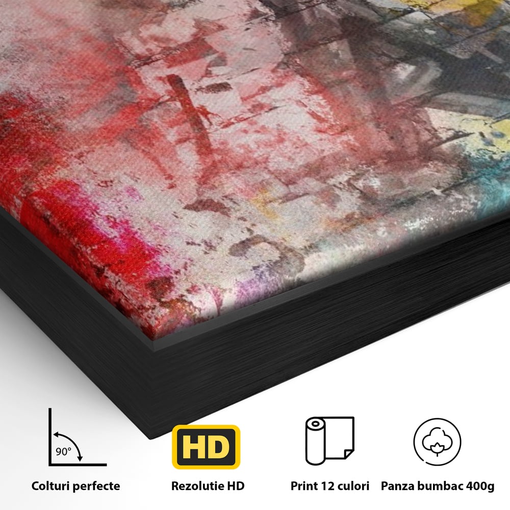 Detaliu al suprafetei: tablou canvas cu arta abstracta si graffiti, in rama de aluminiu negru
